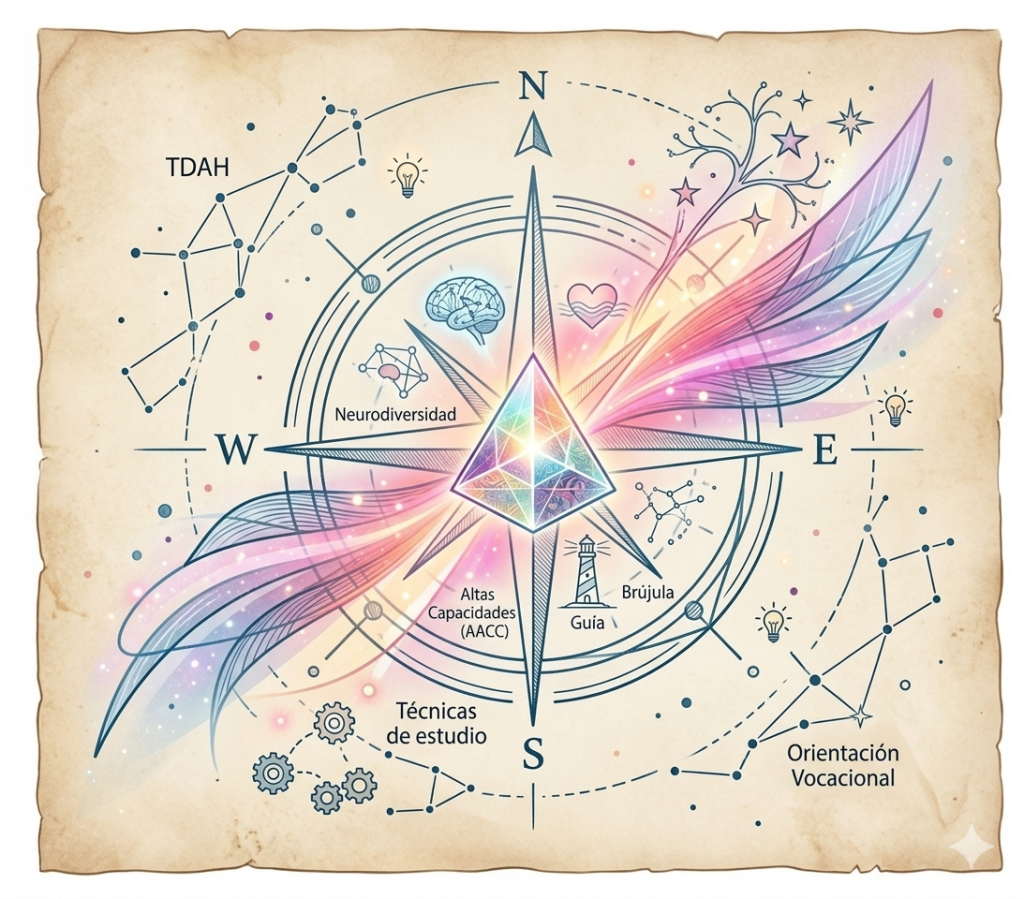 Metáfora de una brújula alada con colores de caleidoscopio representando la orientación en neurodiversidad, PAS y Altas Capacidades.


