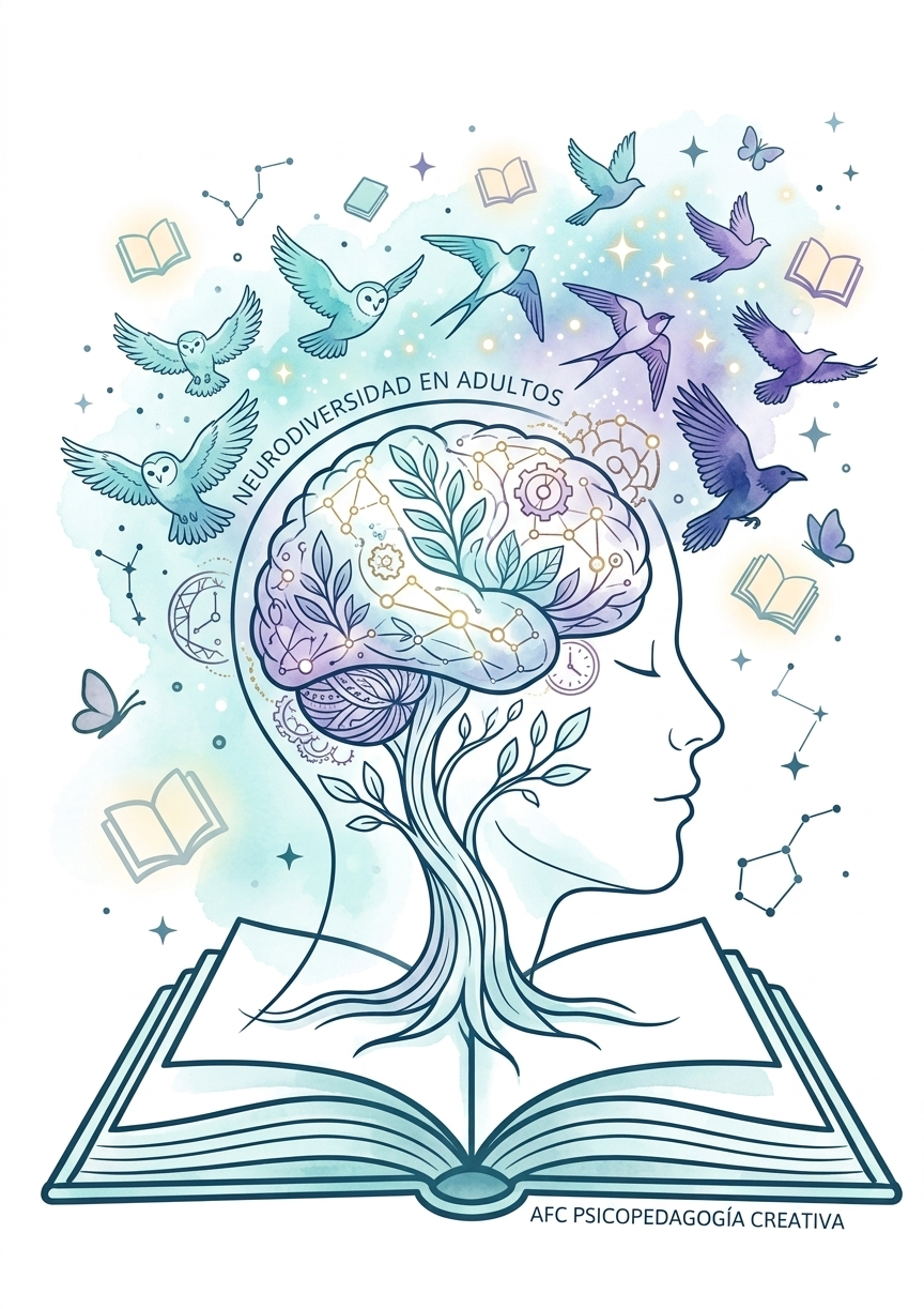 Ilustración de perfil humano con engranajes naturales y aves, representando el potencial de la neurodiversidad en adultos en AFC Psicopedagogía".
