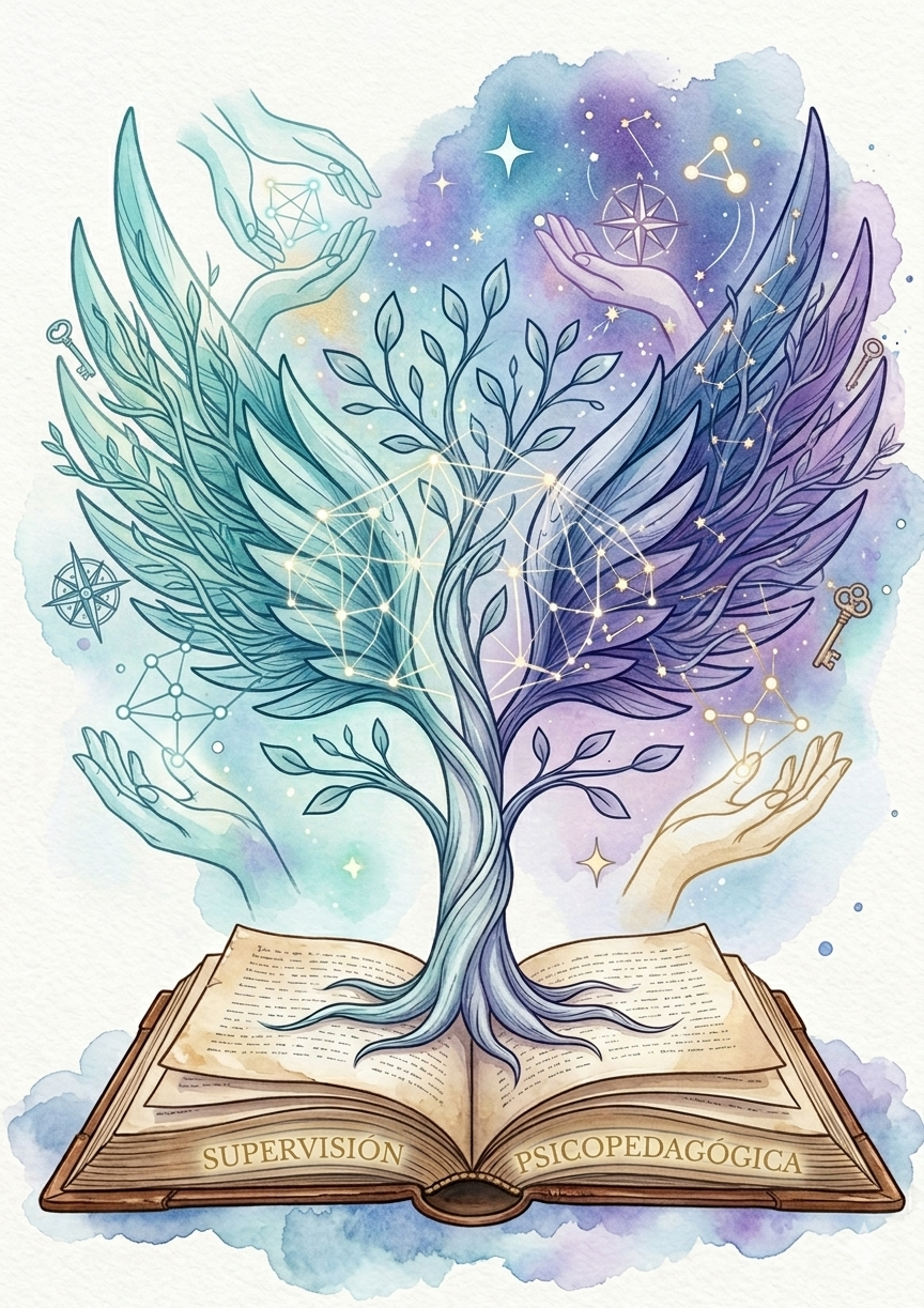 Metáfora visual de apoyo profesional: dos árboles entrelazados con alas, representando la supervisión psicopedagógica clínica en AFC Torrejón
